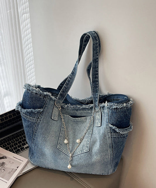 Sacs à bandoulière en denim bleu dégradé à pompons, grande capacité - Wavlynn