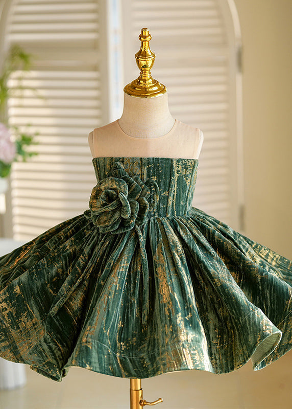 Robe longue d'été en velours de soie à fleurs vertes pour enfants - Wavlynn