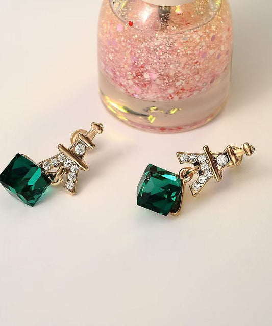 Boucles d'oreilles pendantes tendance en argent sterling vert et cristal de zircon surdoré - Wavlynn