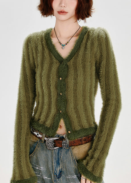 Gilets d'hiver en maille duveteuse à rayures vertes et col en V, doublés de fausse fourrure. - Wavlynn