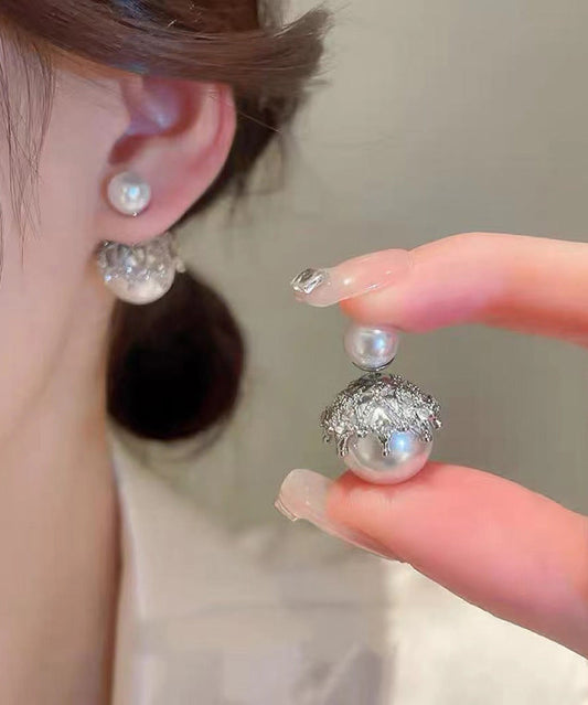 Boucles d'oreilles à tige tendance en alliage de cuivre gris et perles de zircon - Wavlynn