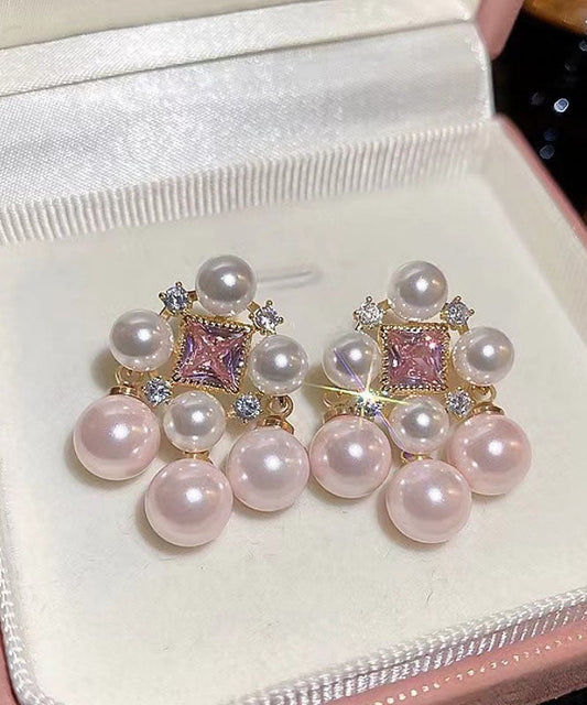 Boucles d'oreilles à tige creuses en alliage rose clair avec perles de zircone - Wavlynn