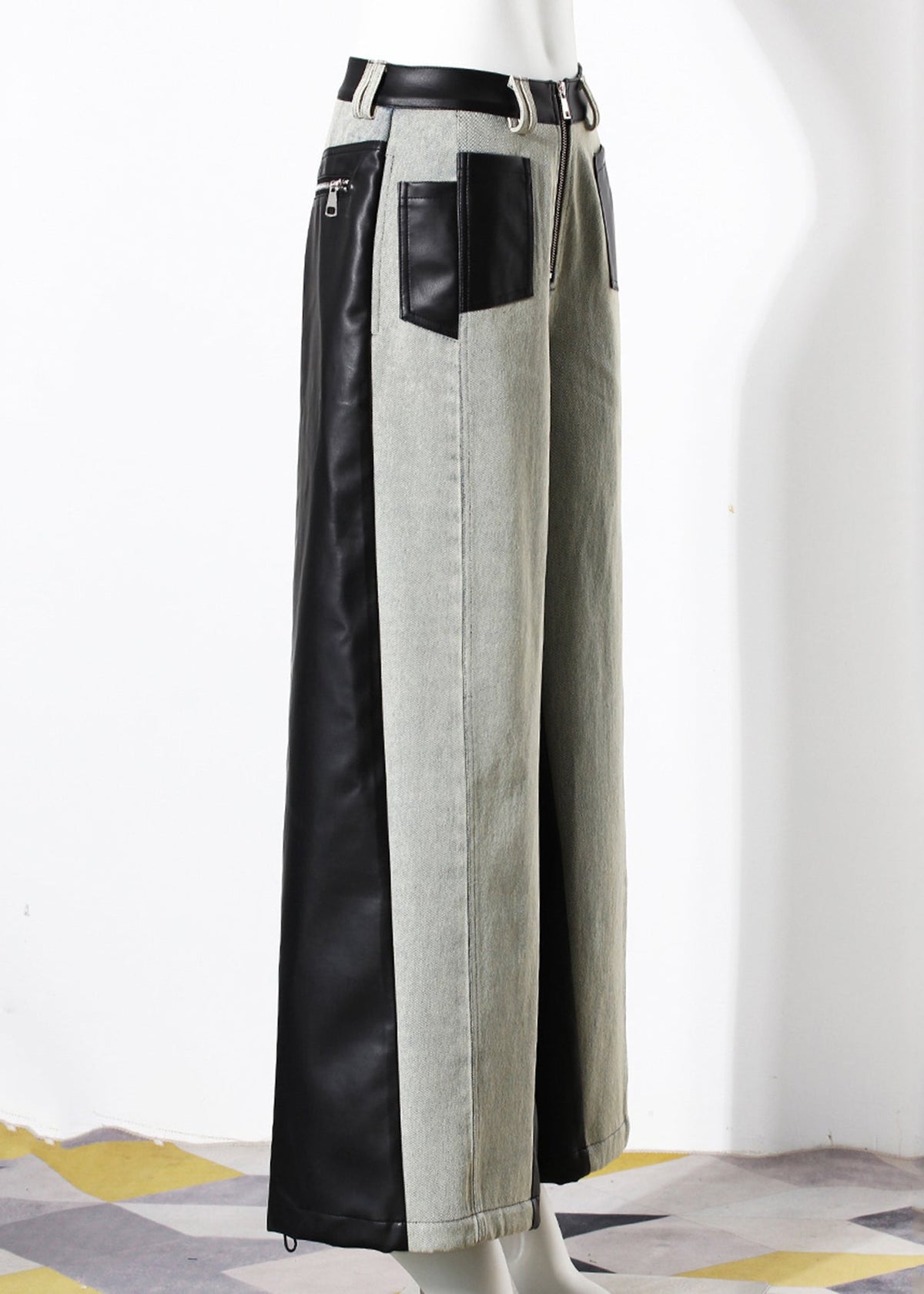 Pantalon large en denim patchwork similicuir avec poches tendance Automne - Wavlynn