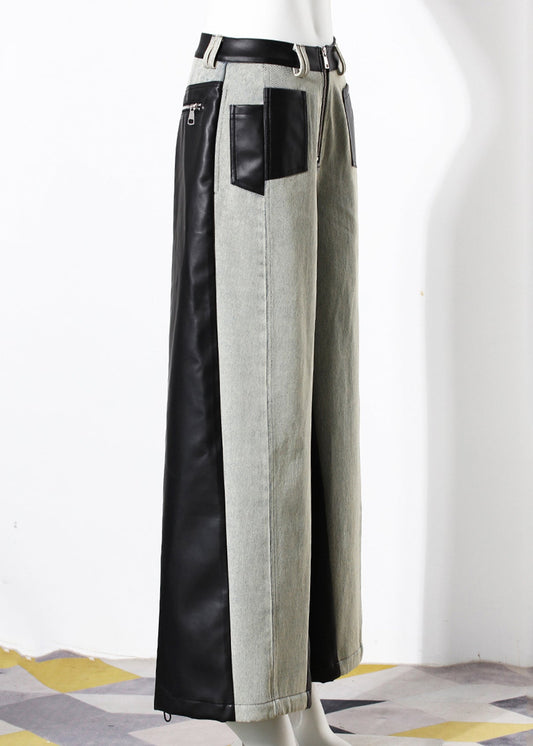Pantalon large en denim patchwork similicuir avec poches tendance Automne - Wavlynn