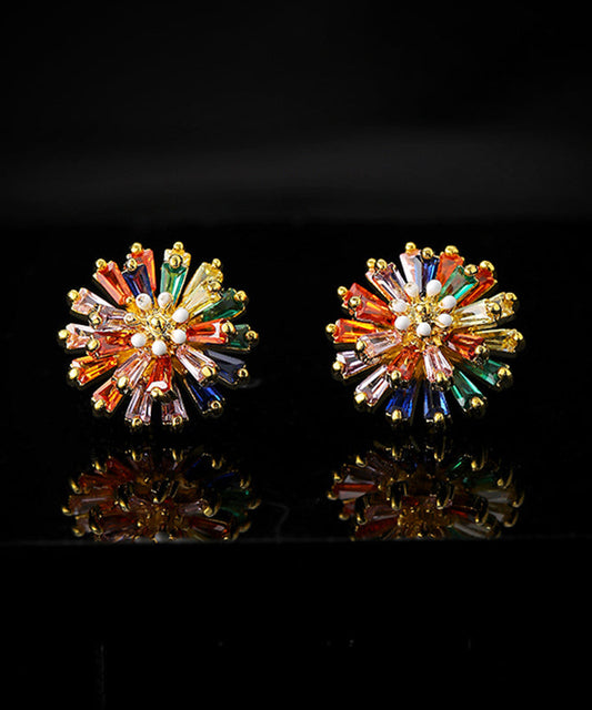 Boucles d'oreilles à tige tendance en forme de marguerite avec cristaux surdorés en cuivre arc-en-ciel - Wavlynn