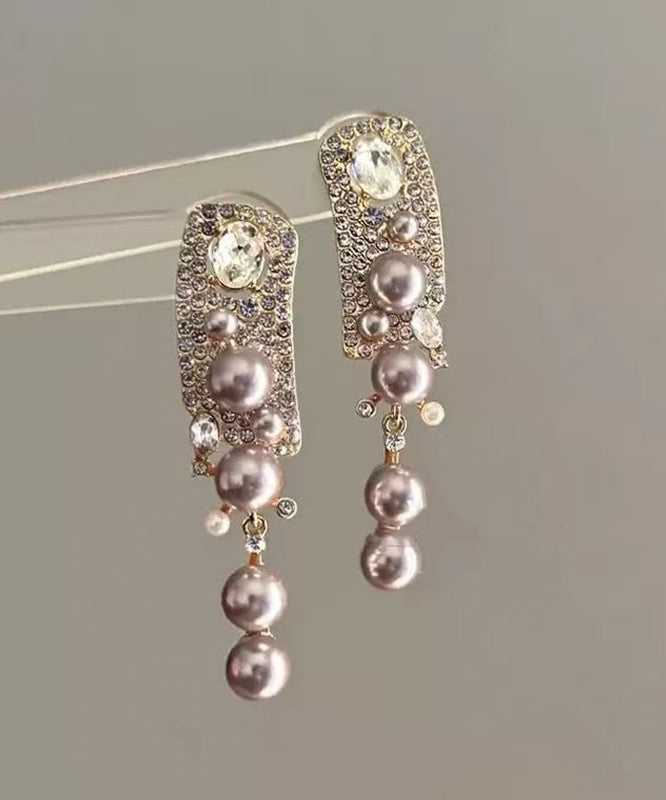 Boucles d'oreilles pendantes à pampilles en alliage de zircon et perles roses tendance - Wavlynn