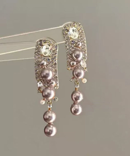 Boucles d'oreilles pendantes à pampilles en alliage de zircon et perles roses tendance - Wavlynn