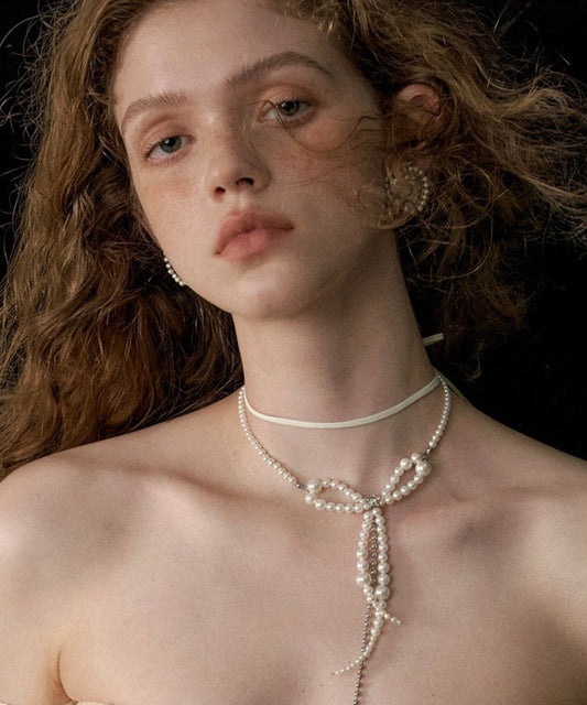 Collier à double pendentif en alliage blanc avec nœud en perles et pompon - Wavlynn
