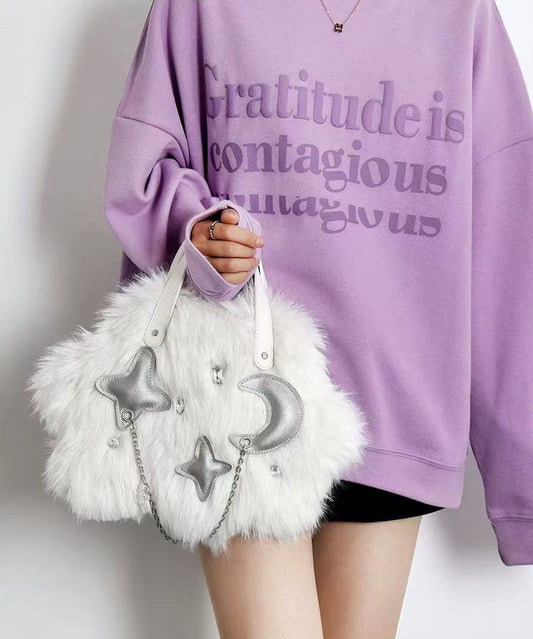 Sac à main fourre-tout tendance en fourrure blanche duveteuse avec chaîne - Wavlynn