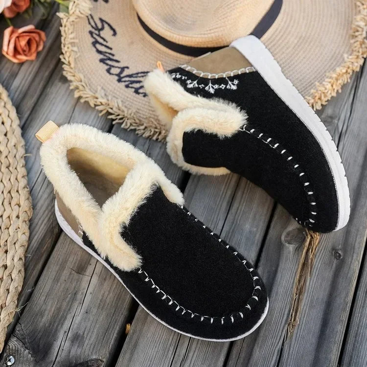 Black fur-lined ankle boots for women with felt texture and decorative visible stitching
