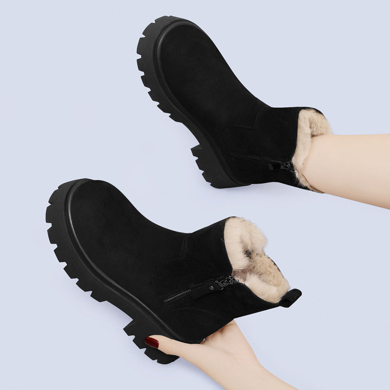 Women's faux fur lined ankle boots in brown with chunky sole and side zip closure