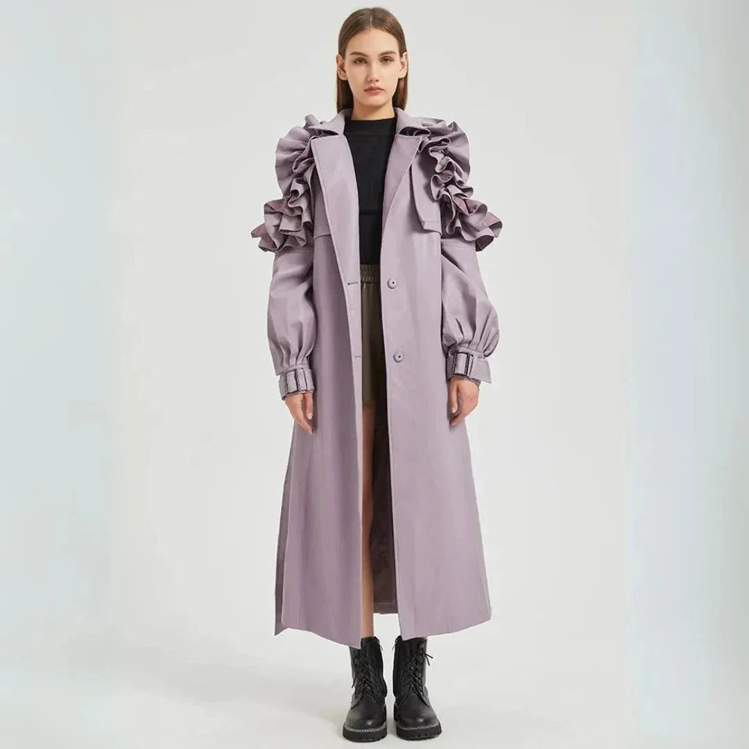 Wavlynn Faye beige faux leather longline trench coat with dramatic ruffled sleeves and cinched belt