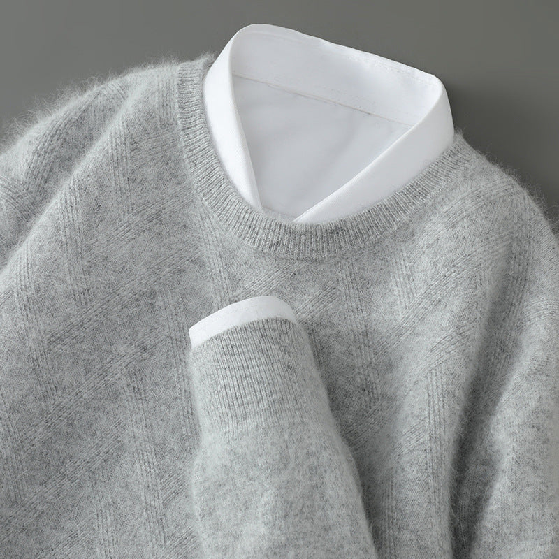 Ivory cashmere blend textured knit sweater with crew neckline and ribbed edges, minimalist style