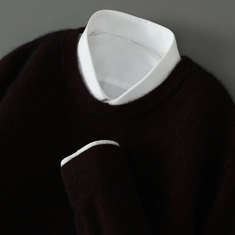 Ivory cashmere blend textured knit sweater with crew neckline and subtle ribbed edges