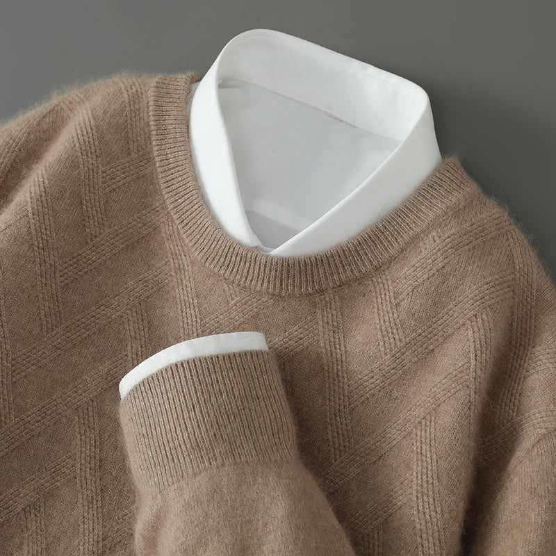 FeatherSoft cream cashmere blend crew neck sweater with subtle ribbed edges and textured knit finish