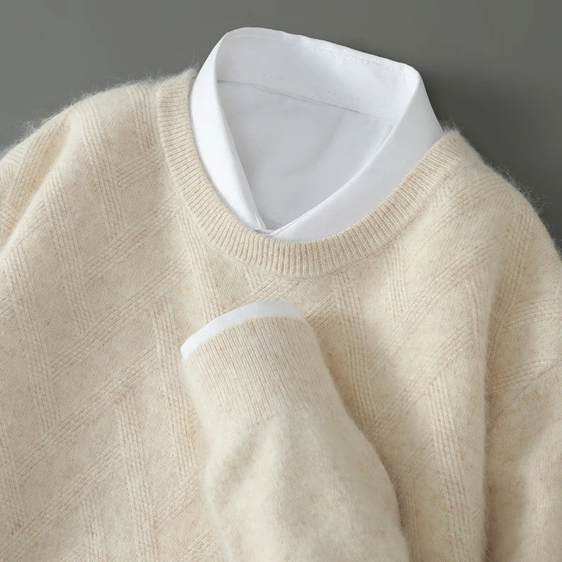 Ivory cashmere blend textured knit sweater with crew neckline and subtle ribbed edges