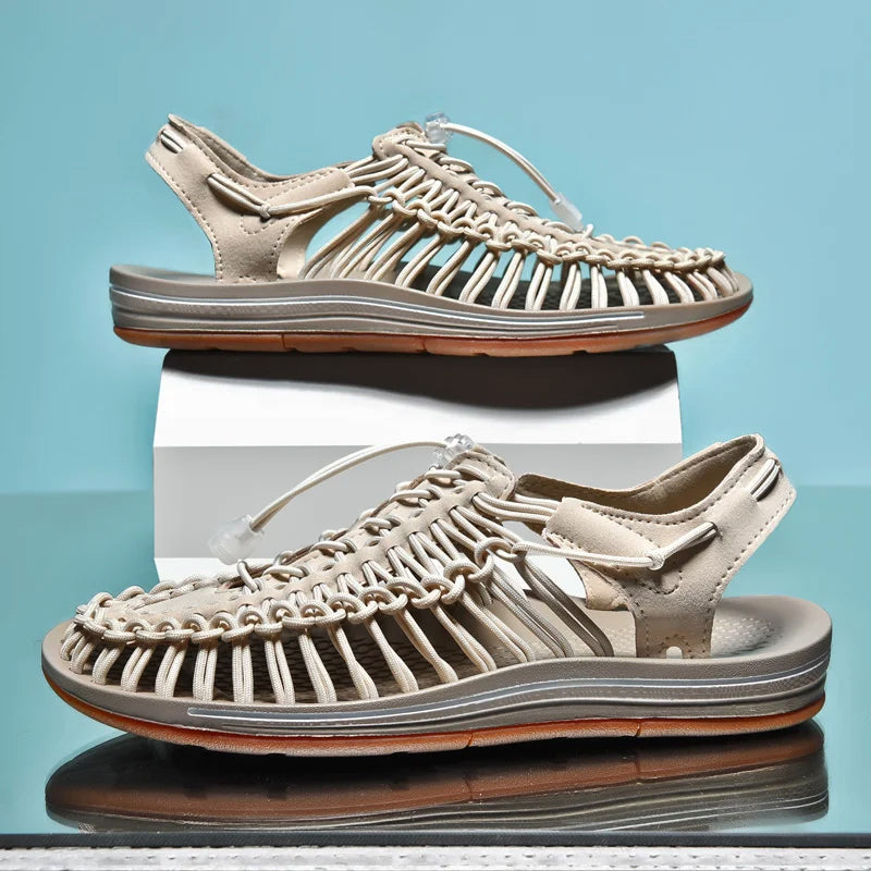 Felix Grant Bahamas flat sandals in vibrant hues with woven pattern and elastic band closure