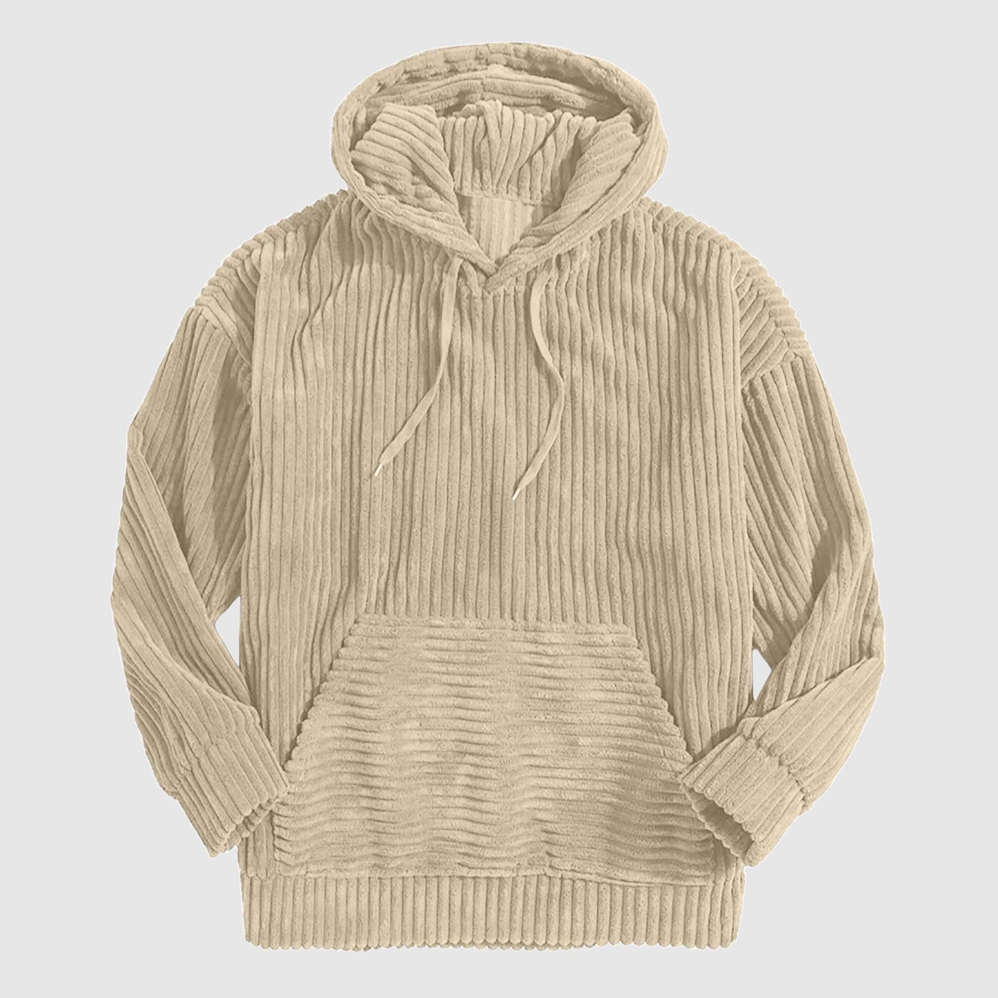 Beige corduroy relaxed-fit hoodie with artfully tailored hood and kangaroo pocket