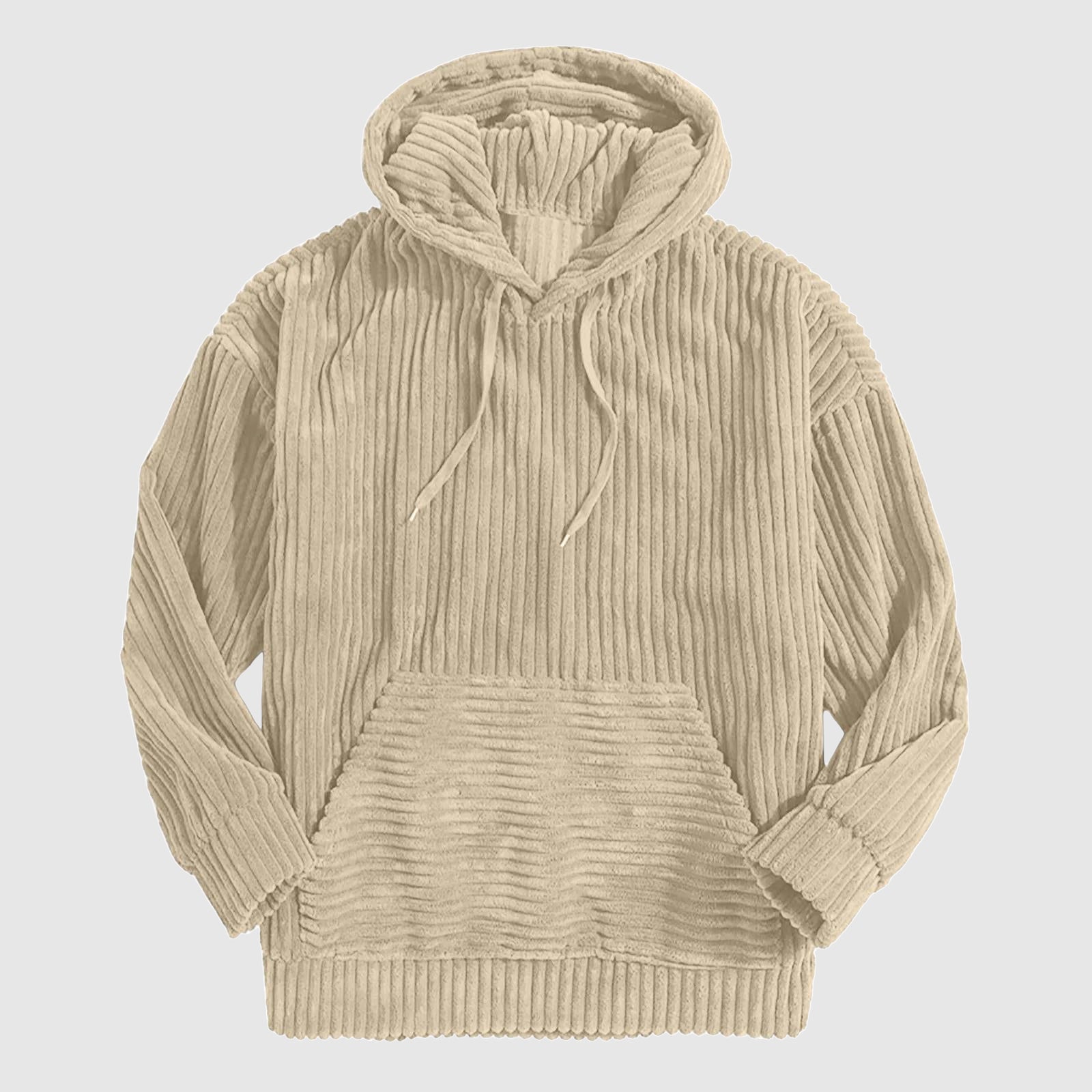 Beige corduroy relaxed-fit hoodie with artfully tailored hood and kangaroo pocket