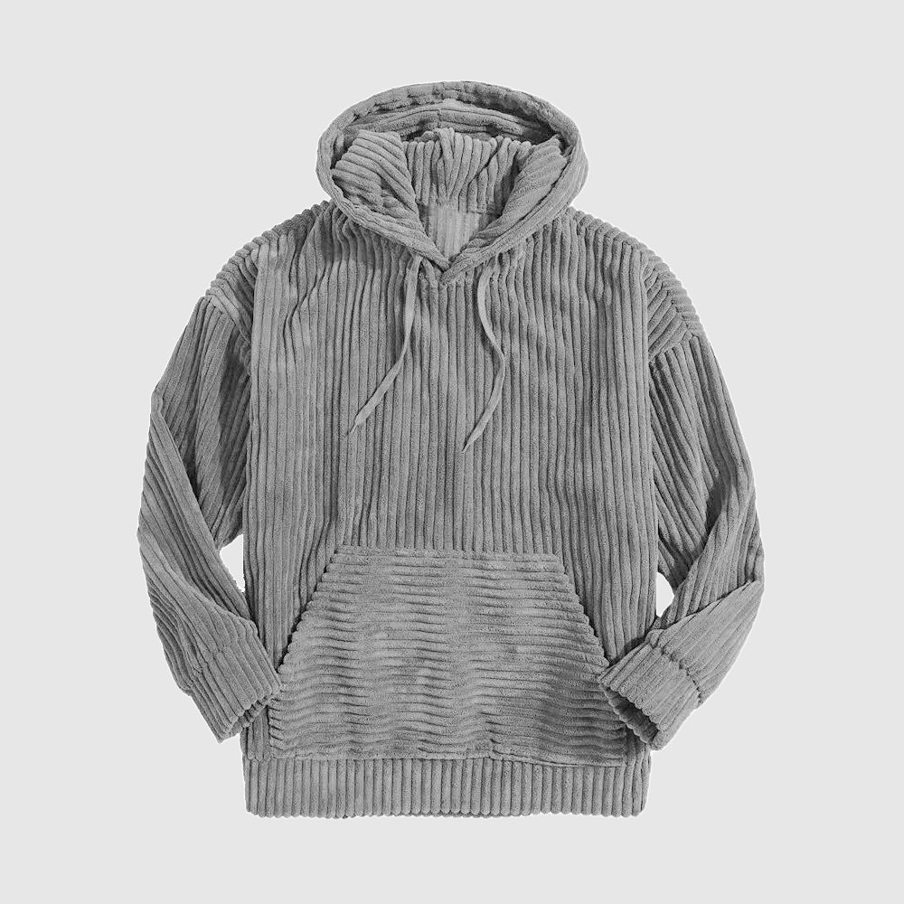 Beige corduroy relaxed-fit hoodie with kangaroo pocket and artfully tailored hood