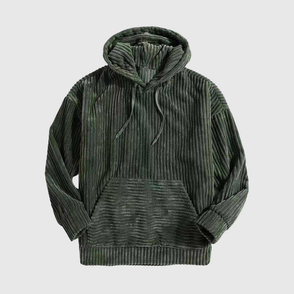 Beige corduroy relaxed-fit hoodie with kangaroo pocket and artfully tailored hood