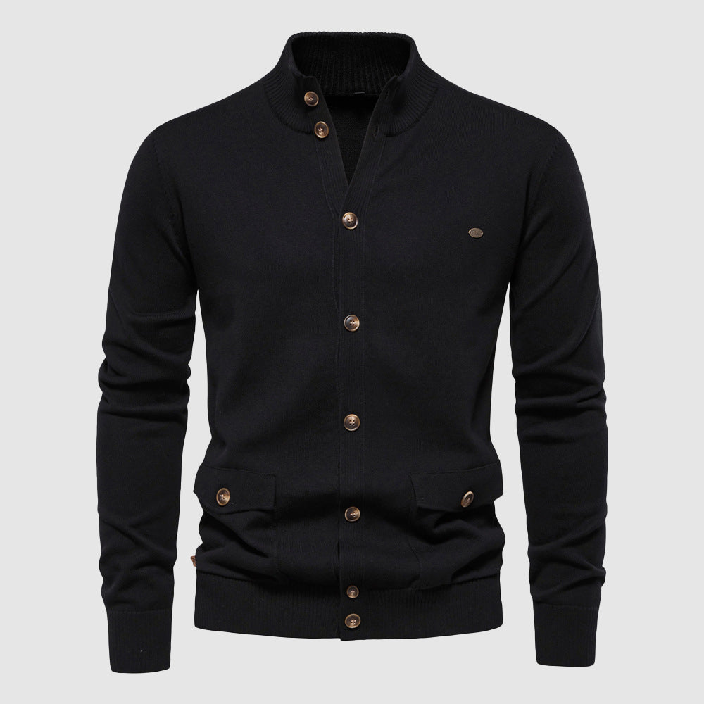 Felix Grant cotton knit cardigan in neutral tone, relaxed fit with button-up closure