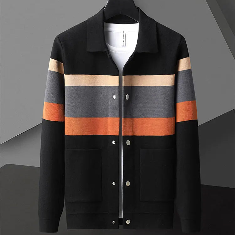 Felix Grant camel wool-cotton cardigan with polo collar, button closure, and stripe detail