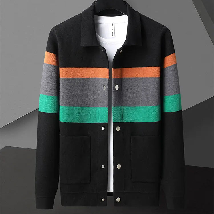 Felix Grant beige stripe knit cardigan with polo collar, button closure, and side pockets