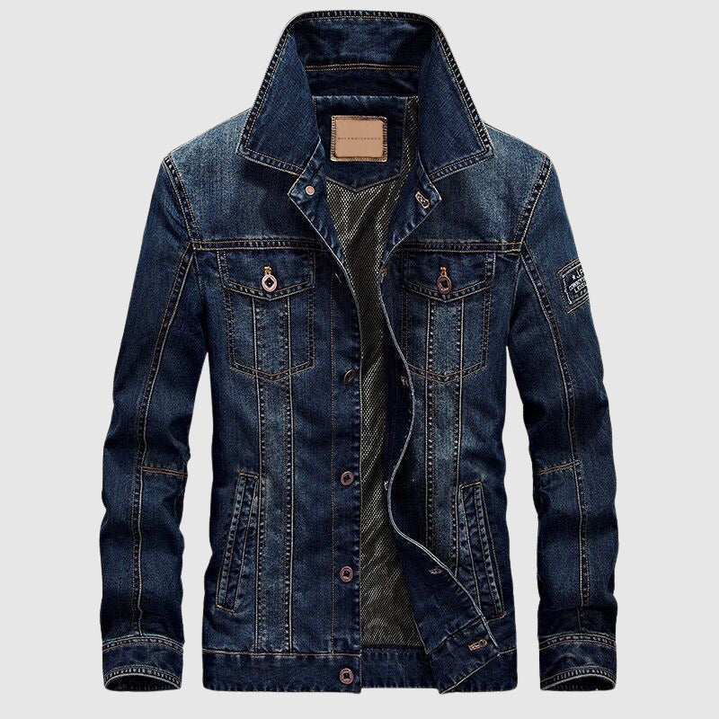 Felix Grant modern denim jacket in classic blue with button closure and multiple pockets