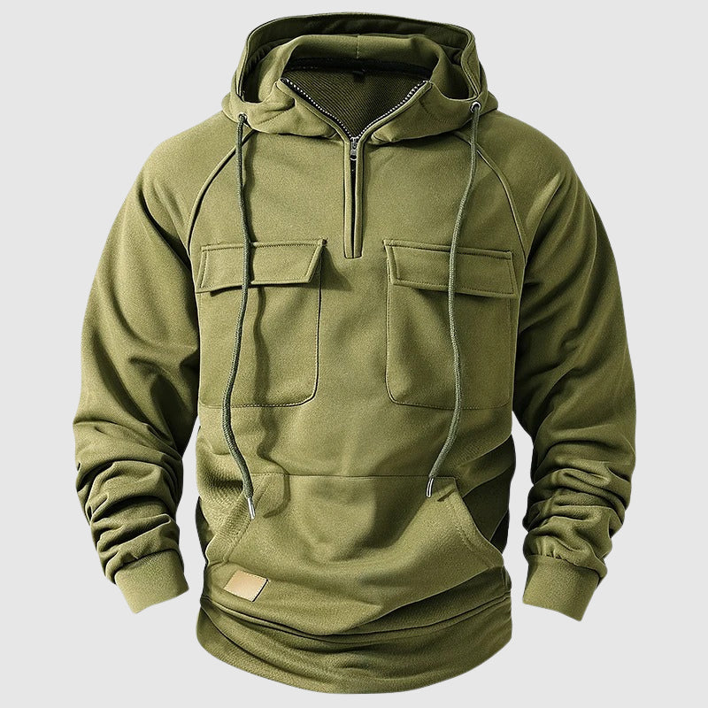 Felix Grant grey cotton hoodie relaxed fit with multi-pocket design and zip neck closure
