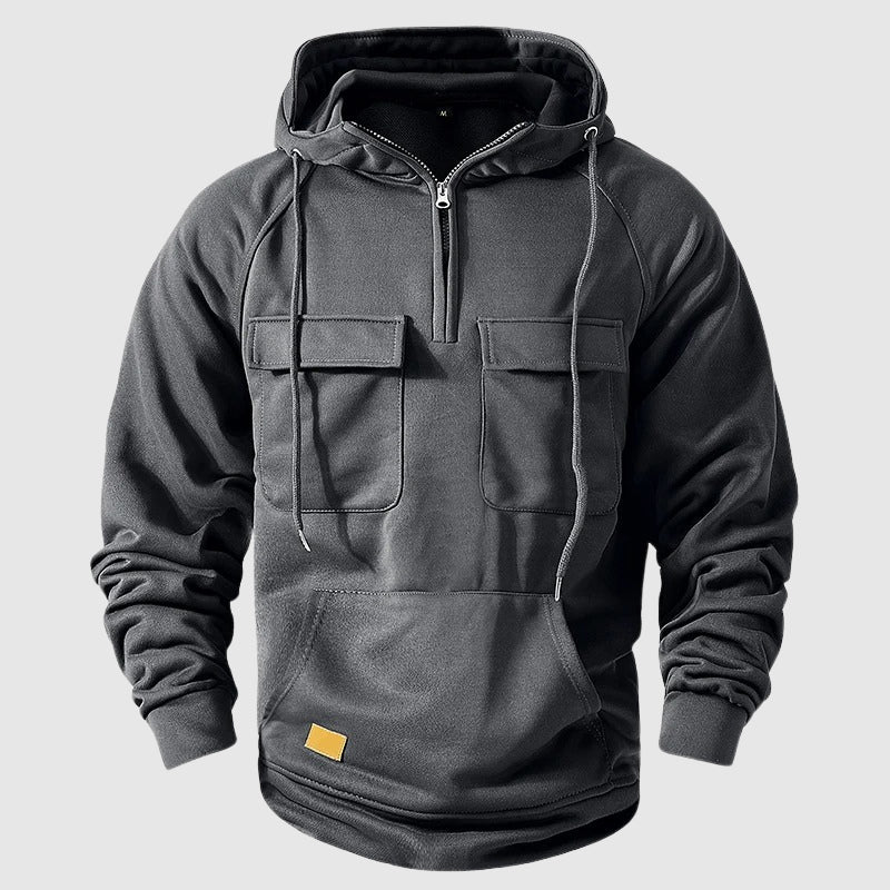 Felix Grant grey multipocket hoodie with zip neck closure and relaxed fit for everyday style