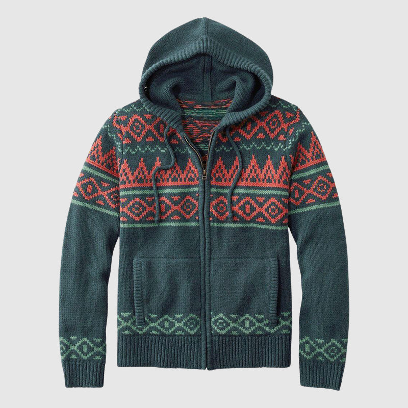 Felix Grant Native hooded cardigan jacquard pattern loose-fit zip-up ribbed cuffs multicolor bold design