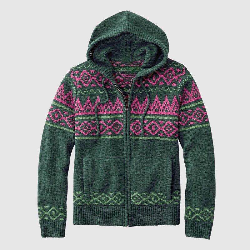 Felix Grant hooded cardigan jacquard pattern loose-fit ribbed cuffs vibrant multicolor zip closure
