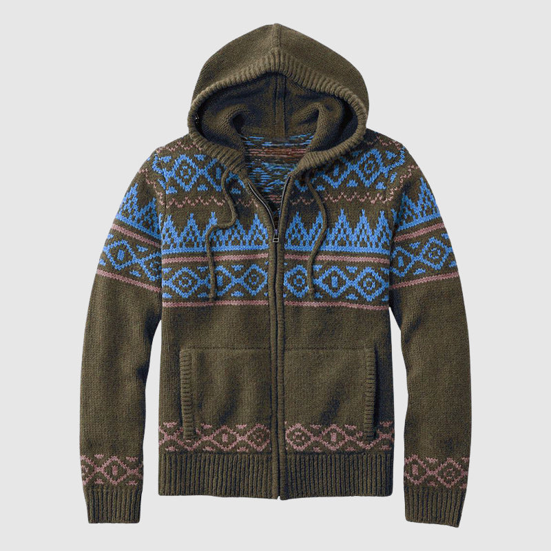 Felix Grant hooded cardigan jacquard pattern loose-fit zip closure ribbed cuffs multicolor bold print