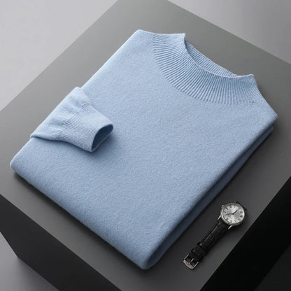 Felix Grant navy blue premium wool sweater with ribbed half-turtleneck collar, sophisticated luxury fit
