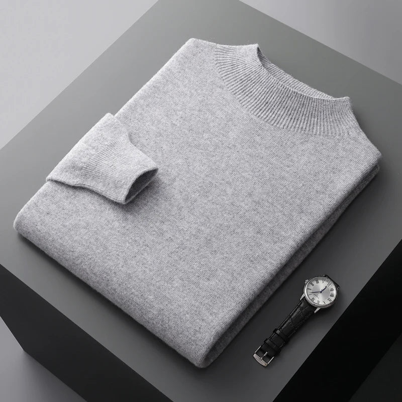 Felix Grant navy premium wool sweater ribbed half-turtleneck collar extra-fine soft luxury knit