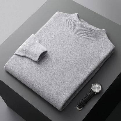 Felix Grant navy premium wool sweater ribbed half-turtleneck collar extra-fine soft luxury knit