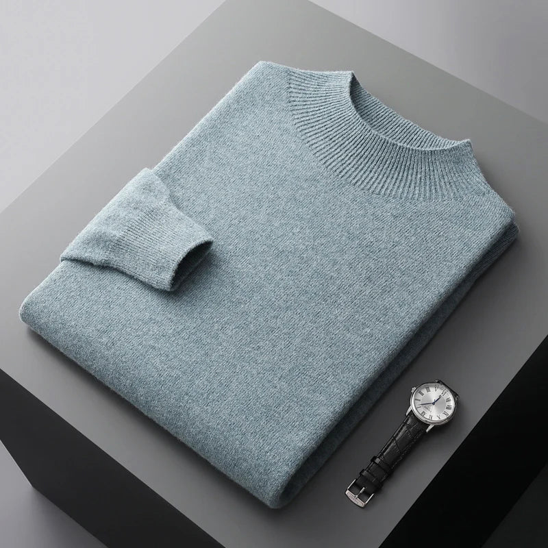 Felix Grant premium wool sweater in neutral tone, ribbed half-turtleneck collar, extra-fine luxury knit