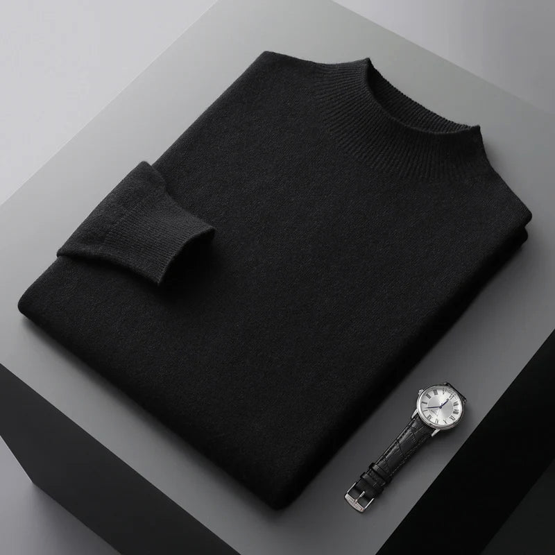 Felix Grant navy premium wool sweater with ribbed half-turtleneck collar, extra-fine luxury knit
