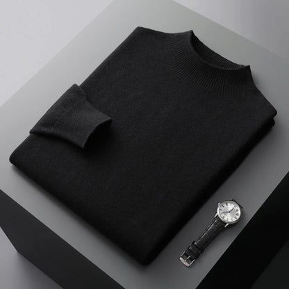 Felix Grant navy premium wool sweater with ribbed half-turtleneck collar, extra-fine luxury knit