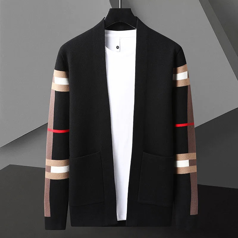 Multicolor striped oversized cardigan with bold color-block pattern and relaxed open-front silhouette