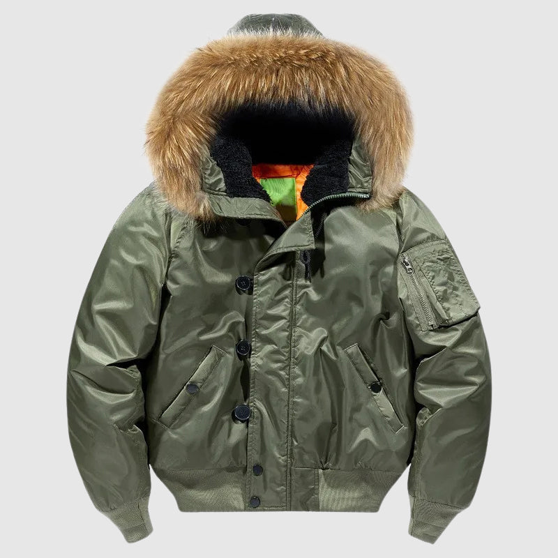 Felix Grant tactical bomber jacket in solid color with functional hood and military-inspired cotton-lined design