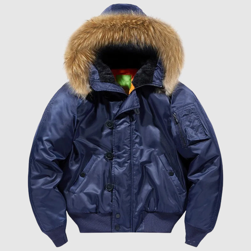 Felix Grant tactical bomber jacket olive green military-style with functional hood and cotton liner