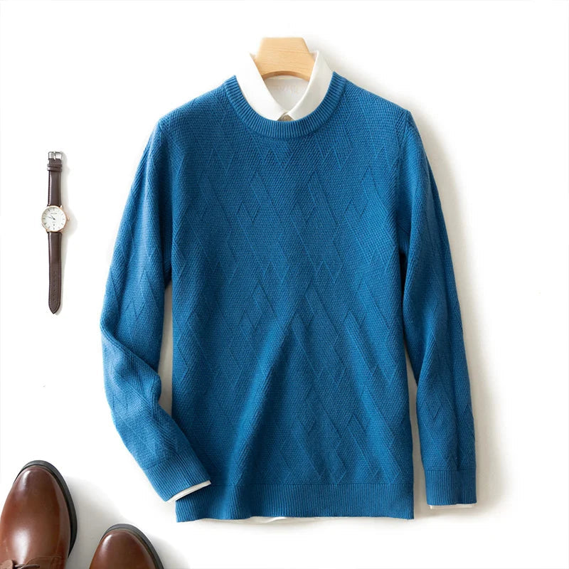 Felix Grant Tivoli knitted pullover in neutral tones with geometric texture, ribbed cuffs, round neck