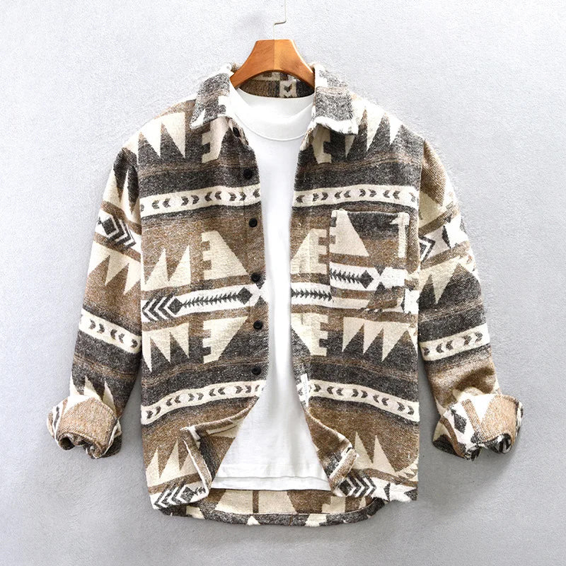 Warm wool tribal pattern cardigan with turn-down collar, single-breasted closure, vintage-modern style