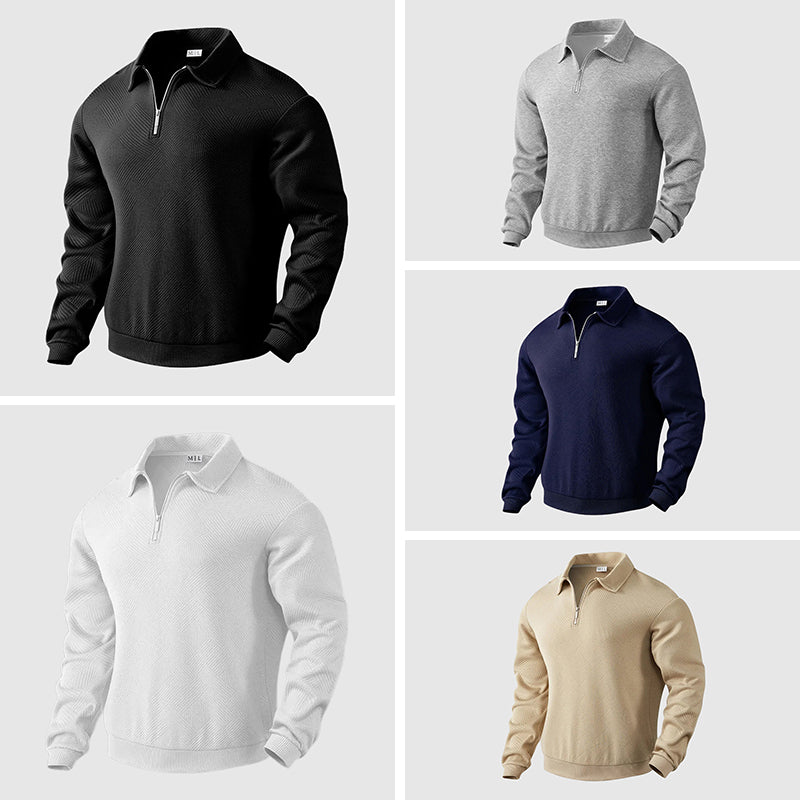 Felix Grant men's loose-fit polo sweater with zipper collar, long-sleeve polyester blend