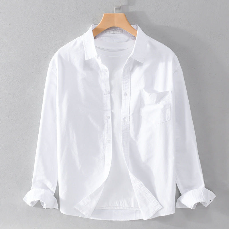 Felix Grant white cotton weekend shirt with turn-down collar, chest pocket, and long sleeves
