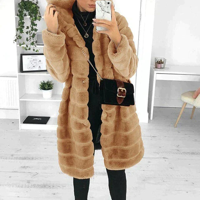 Women's elegant button-down faux fur plush coat timeless chic warm luxe style