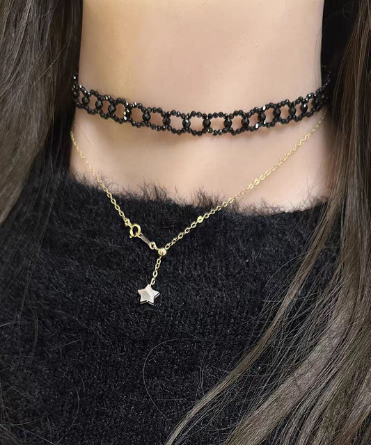 Collier chaîne en alliage de cristal noir fin - Wavlynn