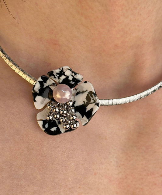 Collier princesse floral en acier inoxydable noir fin - Wavlynn